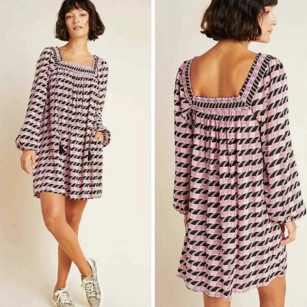 Maeve Pink and Black Long Sleeve Square-Neck Mini Dress